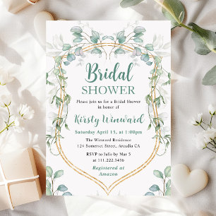 Watercolor Eucalyptus and Gold Frame Bridal Shower Invitation