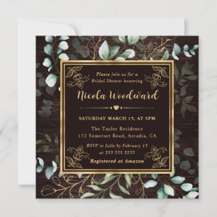 Watercolor Eucalyptus and gold frame Bridal Shower Invitation