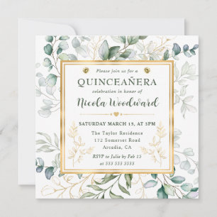 Watercolor Eucalyptus and gold frame Quinceanera Invitation
