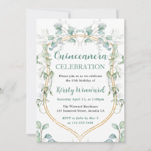 Watercolor Eucalyptus and Gold Frame Quinceanera Invitation