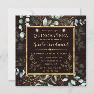 Watercolor Eucalyptus and gold frame Quinceanera Invitation