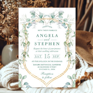 Watercolor Eucalyptus and Gold Frame Wedding Invitation