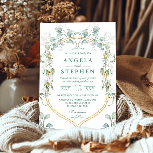 Watercolor Eucalyptus and Gold Frame Wedding Invitation