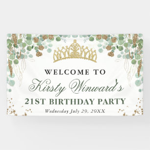 Watercolor Eucalyptus and Gold Glitter Birthday Banner