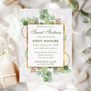 Watercolor Eucalyptus and Greenery Sweet Sixteen Invitation
