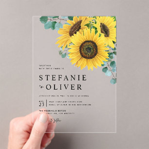 Watercolor Eucalyptus and Sunflowers Wedding Acrylic Invitations