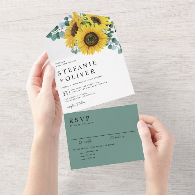 Watercolor Eucalyptus and Sunflowers Wedding All In One Invitation (Tearaway)