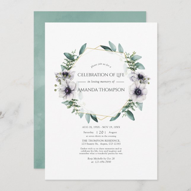 Watercolor Eucalyptus Anemone Celebration of Life Invitation (Front/Back)