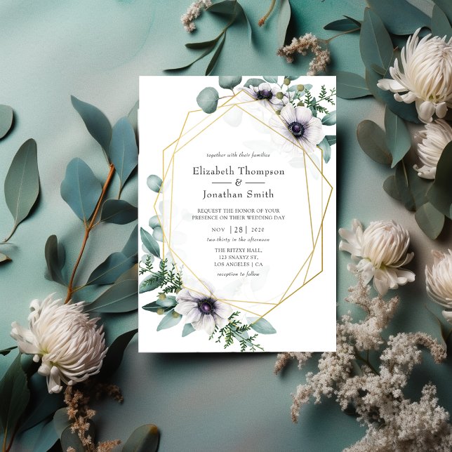 Watercolor Eucalyptus Anemone Geometric Wedding Invitation (Creator Uploaded)