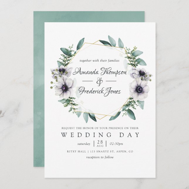 Watercolor Eucalyptus Anemone Geometric Wedding Invitation (Front/Back)