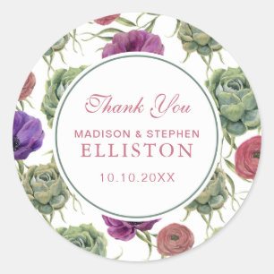 Watercolor   Eucalyptus & Anemone   Thank You Classic Round Sticker