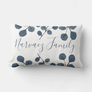 Watercolor Eucalyptus Blue Botanical Hand Painted Lumbar Cushion