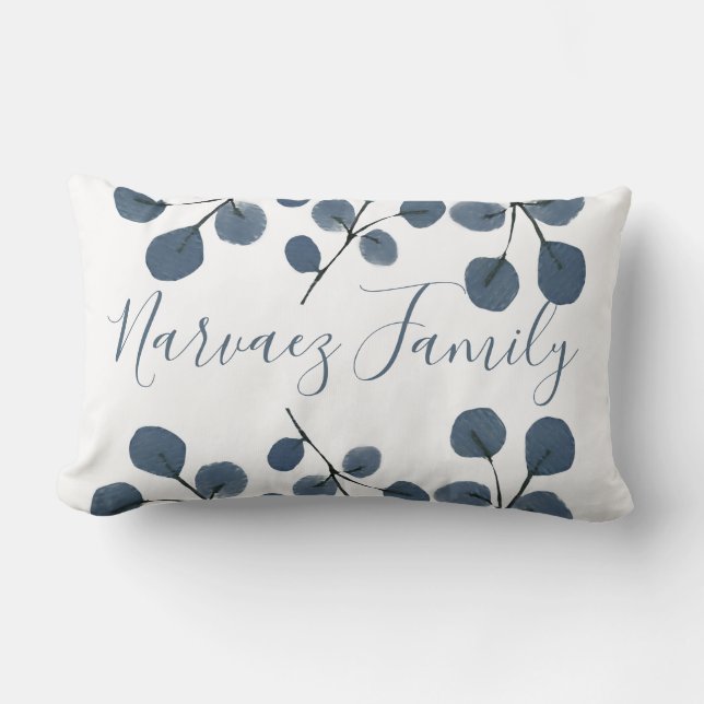 Watercolor Eucalyptus Blue Botanical Hand Painted  Lumbar Cushion (Front)