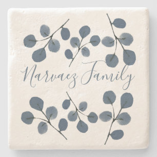 Watercolor Eucalyptus Blue Botanical Hand Painted Stone Coaster