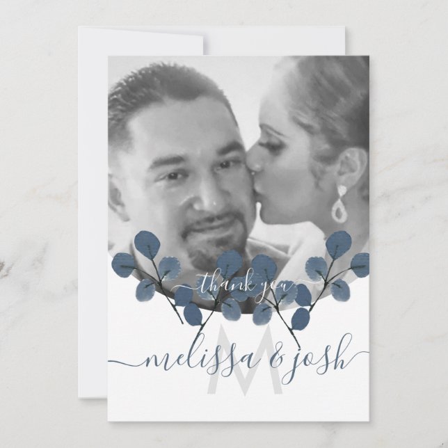 Watercolor Eucalyptus Blue Thank You Wedding Card (Front)