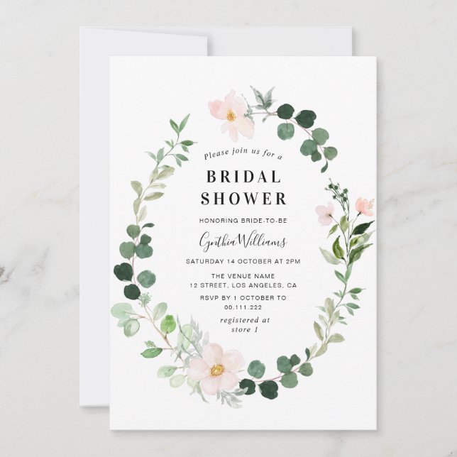 watercolor eucalyptus blush floral bridal shower invitation (Front)