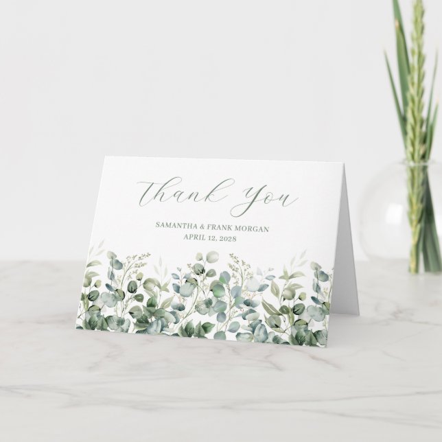 Watercolor Eucalyptus Border Wedding Photo Thank You Card (Front)