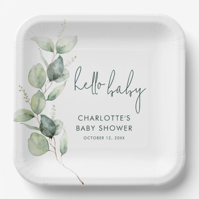 Watercolor Eucalyptus Botanical Script Baby Shower Paper Plate (Front)