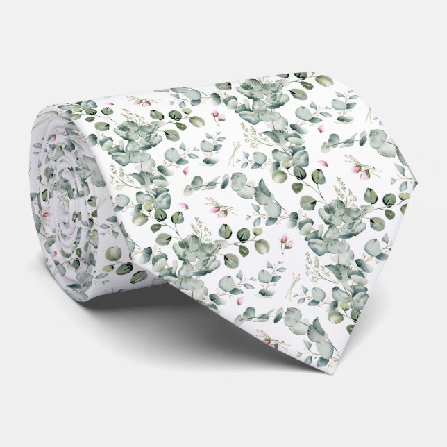Watercolor Eucalyptus Botanical Seamless Pattern Tie (Rolled)