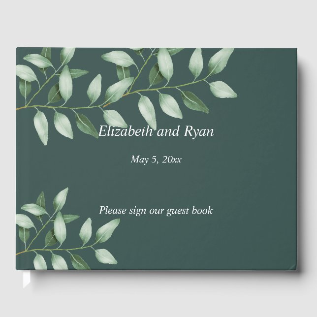 Watercolor Eucalyptus Botanical, Teal Green Custom Guest Book (Front)