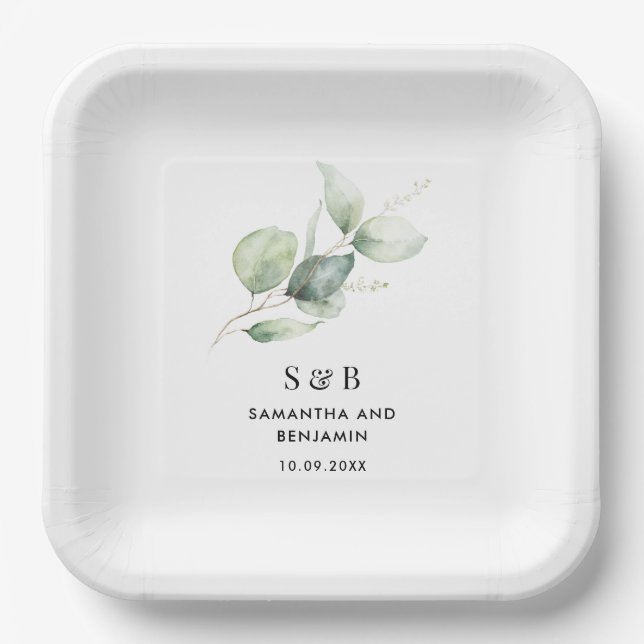 Watercolor Eucalyptus Botanical Wedding Reception Paper Plate (Front)