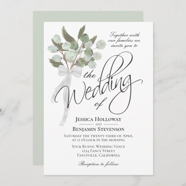 Watercolor Eucalyptus Bouquet Rustic Boho Wedding Invitation (Front/Back)