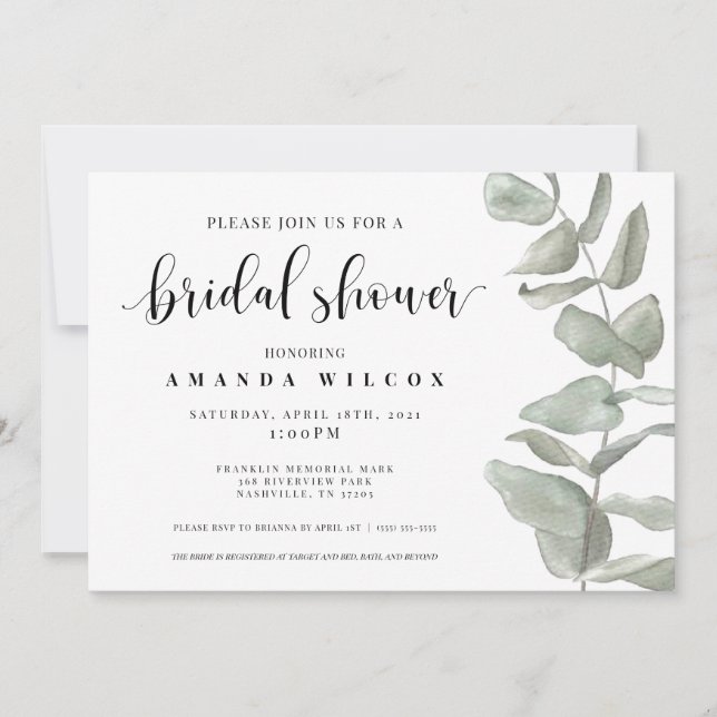 Watercolor Eucalyptus Bridal Shower Invitation (Front)