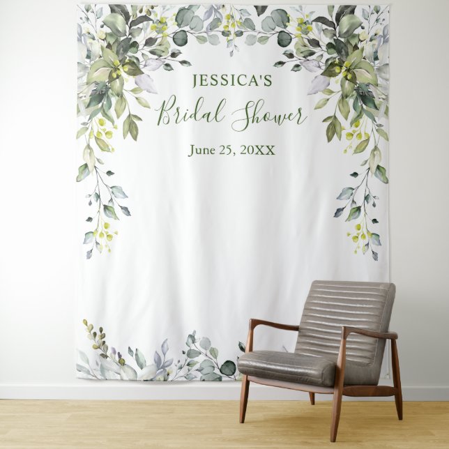Watercolor Eucalyptus Bridal Shower Photo Backdrop Tapestry (In Situ)