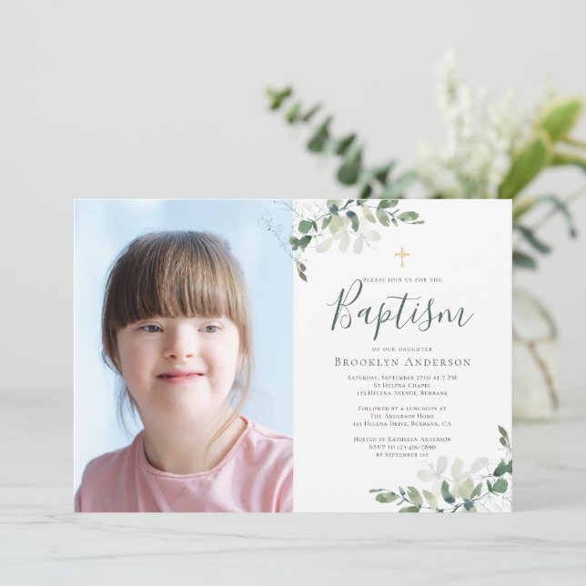 Watercolor Eucalyptus Cross Photo Baptism Invitation (Standing Front)