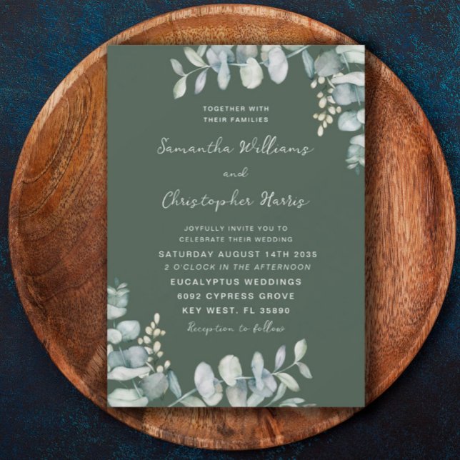  Watercolor Eucalyptus Dark Sage Green Wedding Invitation (Creator Uploaded)