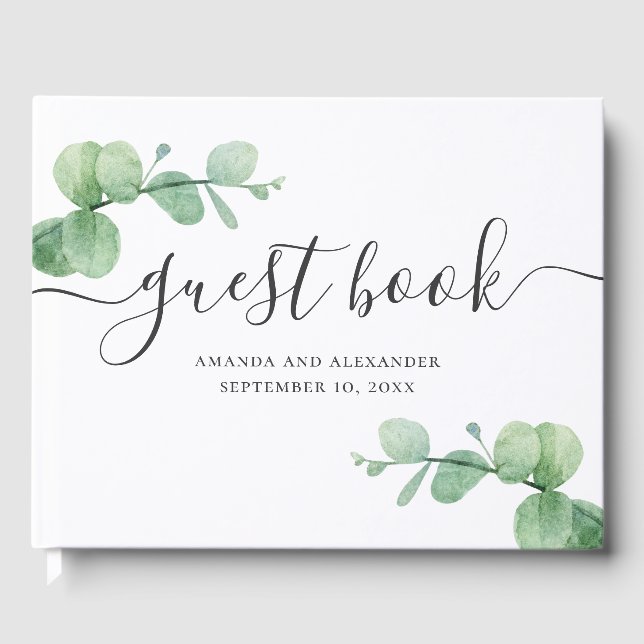 Watercolor eucalyptus. Elegant script wedding Guest Book (Front)