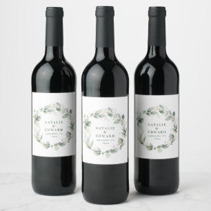 Watercolor eucalyptus elegant wedding party favour wine label