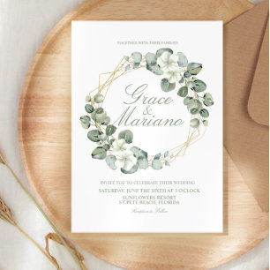 Watercolor Eucalyptus Faux Gold Wreath Wedding Invitation