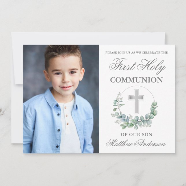 Watercolor Eucalyptus First Communion Silver Photo Invitation (Front)