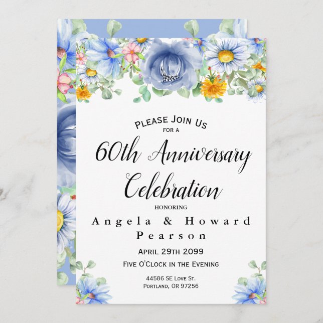 Watercolor Eucalyptus Floral 60th Anniversary Invitation (Front/Back)