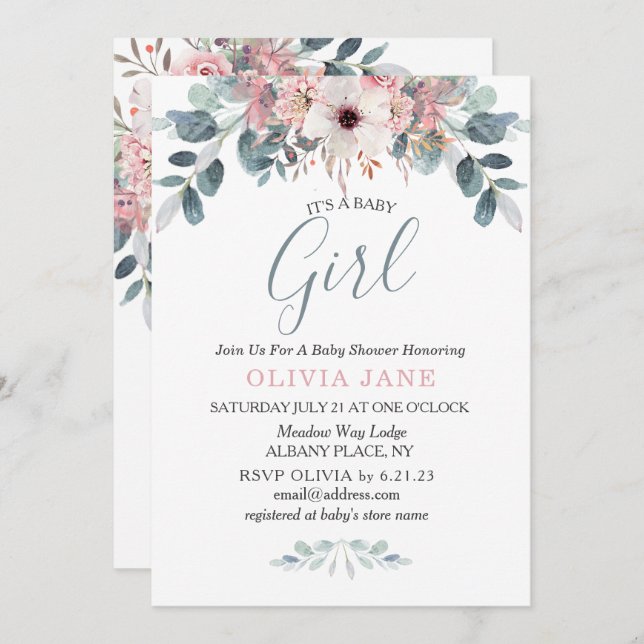 Watercolor Eucalyptus Floral Baby Shower  Invitation (Front/Back)