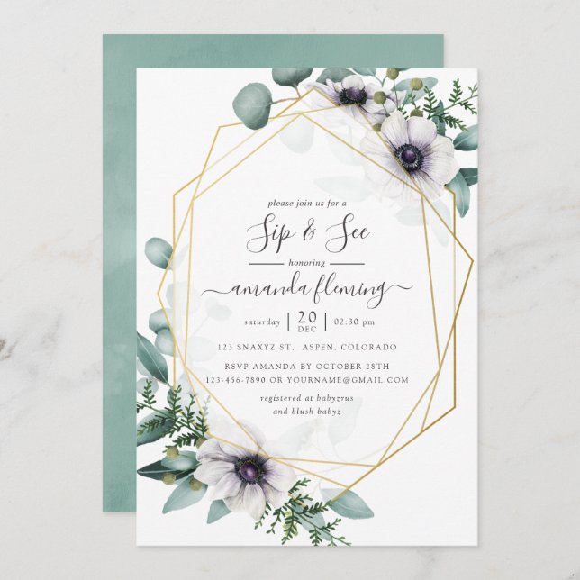 Watercolor Eucalyptus Floral Geometric Sip and See Invitation (Front/Back)
