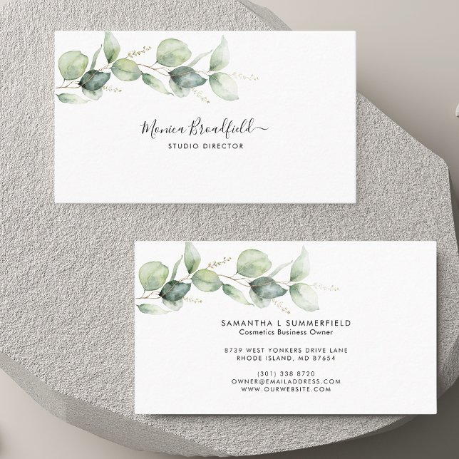 Watercolor Eucalyptus Foliage Elegant Script Business Card (Watercolor Eucalyptus Foliage Elegant Script Business Card)
