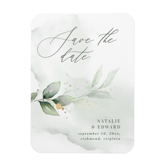 Watercolor eucalyptus foliage gold wedding magnet (Vertical)