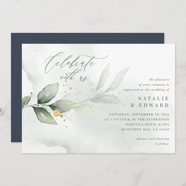 Watercolor eucalyptus foliage navy gold wedding (Front/Back)