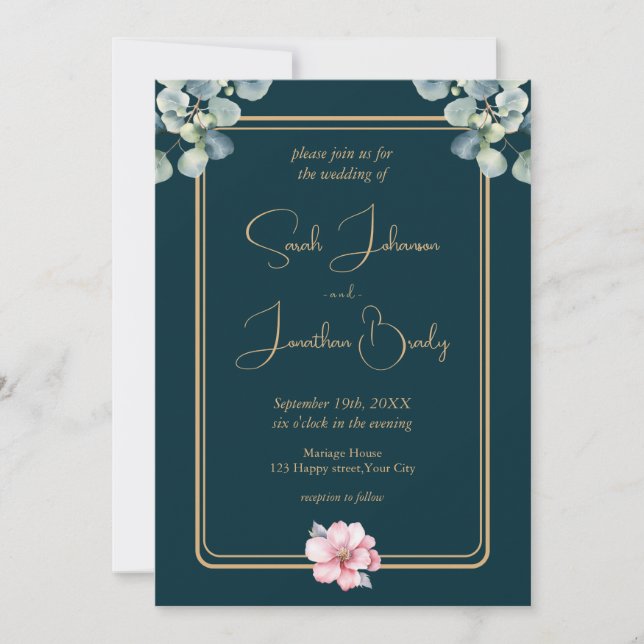 Watercolor Eucalyptus Foliage Pink Flower Wedding  Invitation (Front)