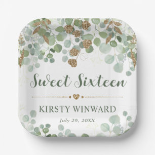 Watercolor Eucalyptus Foliage Sweet 16 Paper Plate