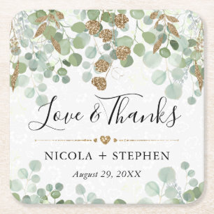 Watercolor Eucalyptus Foliage Wedding Square Paper Coaster