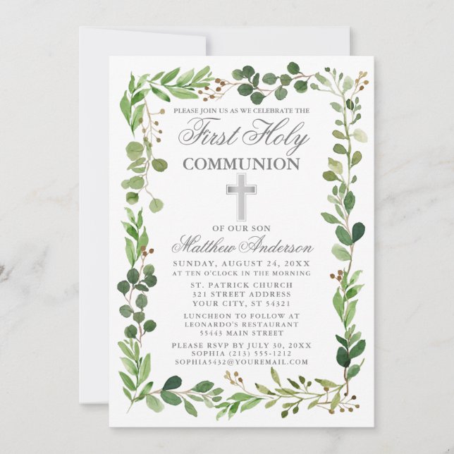 Watercolor Eucalyptus Frame First Communion Silver Invitation (Front)