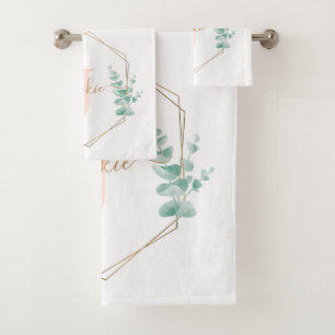 Watercolor Eucalyptus Frame Monogram Bath Towel Set