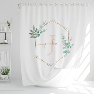 Watercolor Eucalyptus Frame Monogrammed Shower Curtain