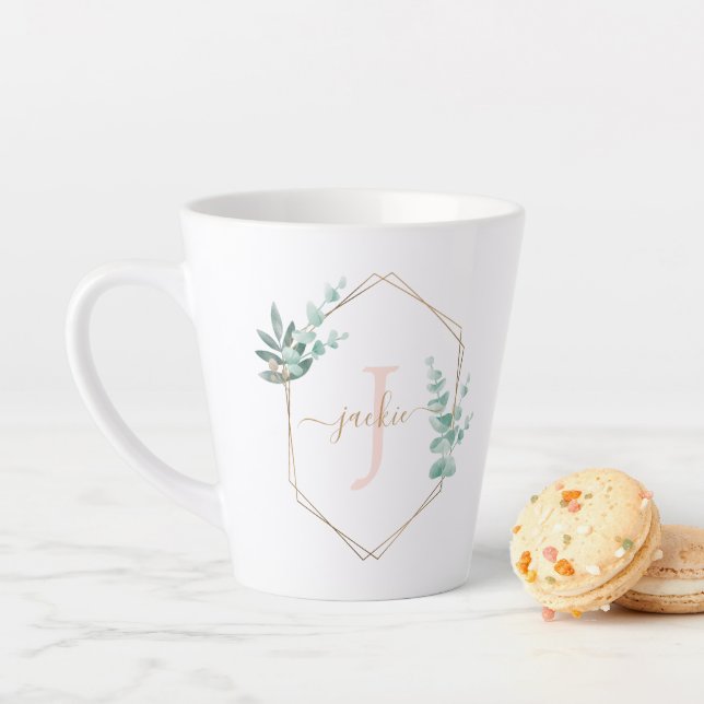 Watercolor Eucalyptus Framed Monogram Latte Mug (In Situ)