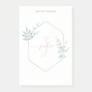 Watercolor Eucalyptus Framed Monogram Post-it Notes