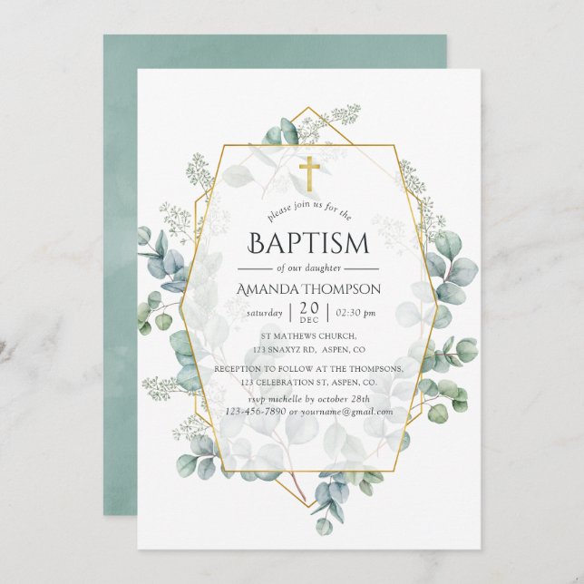 Watercolor Eucalyptus Geometric Baptism Invitation (Front/Back)