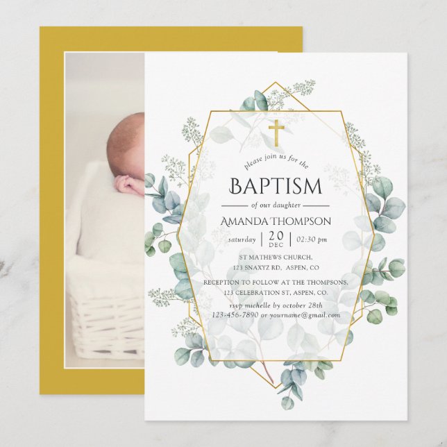 Watercolor Eucalyptus Geometric Baptism Photo Invitation (Front/Back)